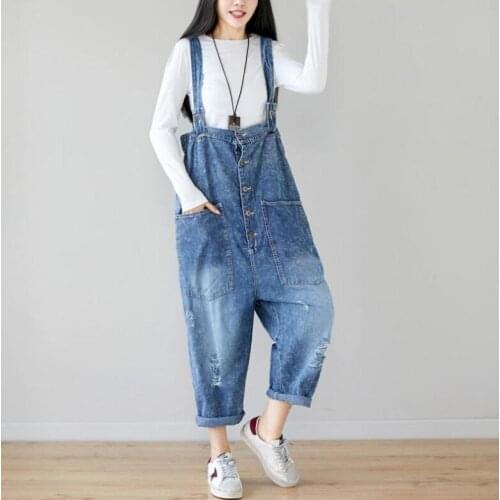 Vintage Ripped Jeans Denim Rompers Women Suspender Spaghetti Strap Harem Pants Drop Crotch Overalls