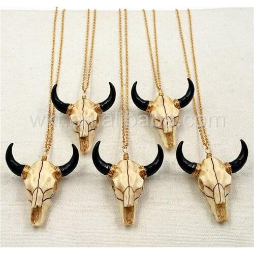 WT-N790 New Designs Wire Wrapped Cattle Necklace Resin Cattle Pendant with wire wraped popular Gold cattle head necklace Jewelry