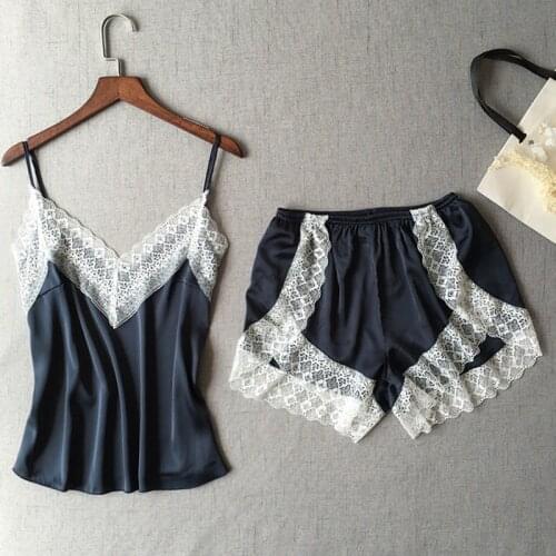 Womens Sexy Sleepwear Satin Pajama Set Lace V-Neck Pyjamas Sleeveless Cute Cami Top And Shorts Female Sleeping Supplies