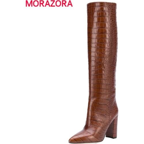 MORAZORA Plus size 34-43 New brand women boots thick high heels knee high boots pointed toe ladies shoes western boots female