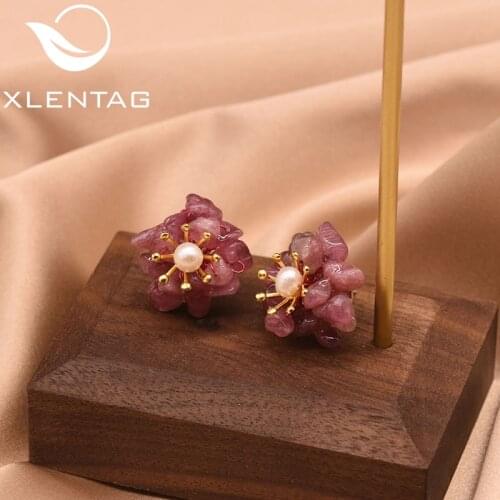 XlentAg Designer Natural Amethyst Tourmaline Stud Earrings For Women Female 925 Sterling Silver Earrings Jewelry GE0019A