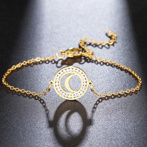 CACANA 316L Stainless Steel For Women Crystal Bracelet Classic Solid Moon Round Bracelets Gold Color Engagement Gift Jewelry
