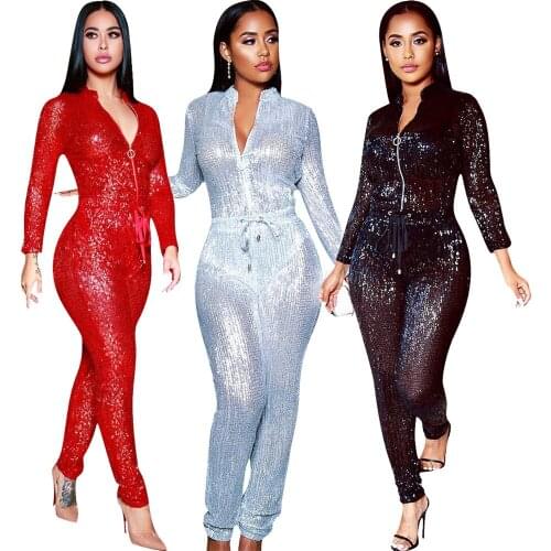 Sexy Stand Collar Sequins Glitter Office Lady Women Long Sleeve Banquet Party Beach Jumpsuits Full Pant Bandage Rompers