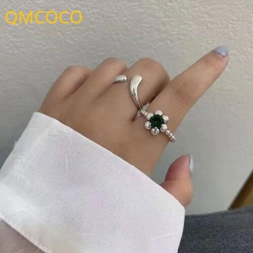 Korean Irregular Design 925 Silver Ring INS Women Simple Light Luxury Green Zircon Open Adjustable Flower Ring 2021 Trendy