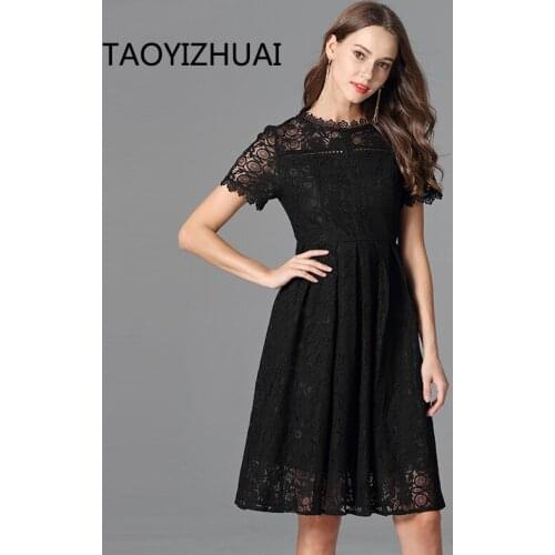 TAOYIZHUAI Summer New Arrival Black color Big Size Casual Style A-Line O-Neck Knee Length Elegant Women Lace Dress 11698