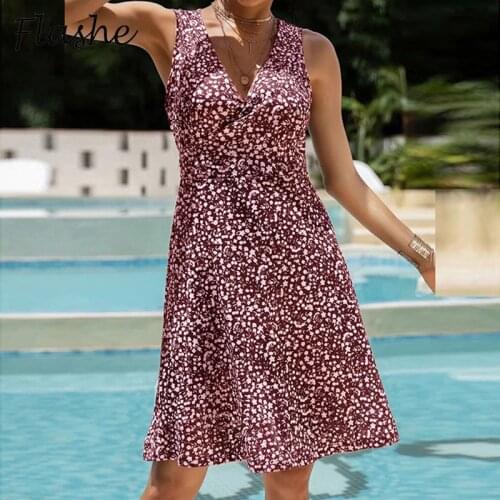 Summer Elegant A Line Dress V Neck Floral Print Mini Dress Plus Size Sleeveless Fashion Women Party Dress 2021 Lace Up Vestido