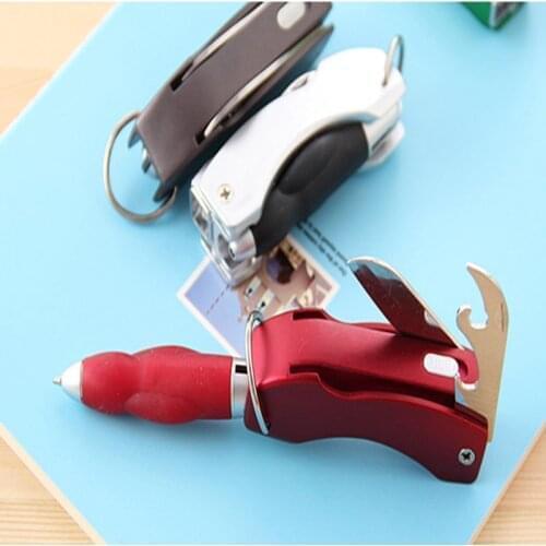 1000pcs Multifunction foldable Led flashlight ballpen Can Beer bottle opener Keychain Knife pen Keyring torch opener blue ink