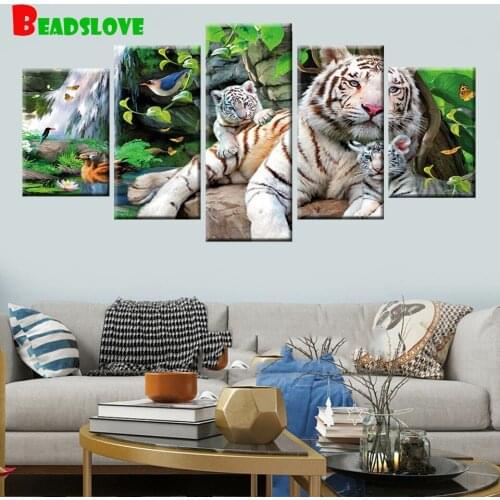 5 panel animal king tiger canvas Diamond Painting full square round Diamond Embroidery landscape diy handmake 5d cross Stitch