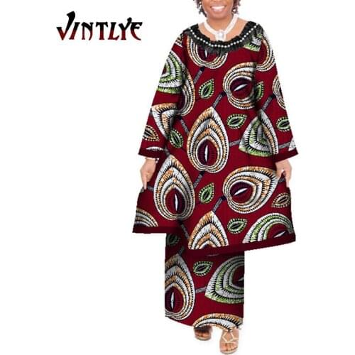 African Traditional Ankara Print Clothes for Women Maxi Plus Size 2 Piece Sets Long Top and Robe Skirts Fashion Africaine WY109