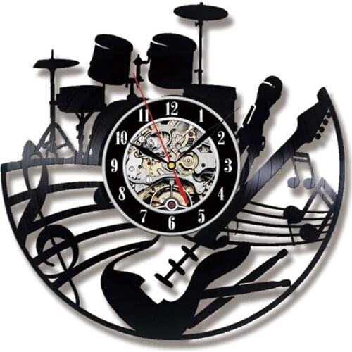 Guitar Drums Rock Band Music Studio Vinyl Record Wall Clock Drum Kits Drummer Longplay Wall Clock Musical Artwork Home Decor