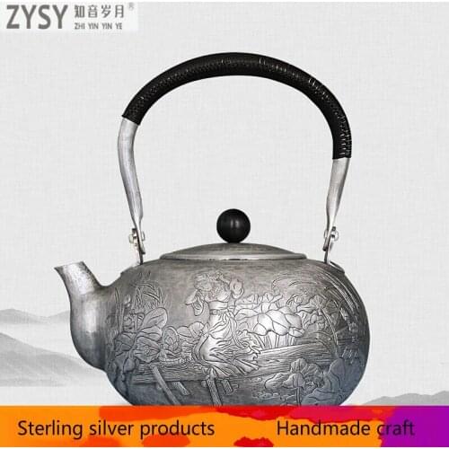 Pure silver Kung Fu tea set, manual production pure silver 999 do old burn water kettle mention beam pot, office gift collection