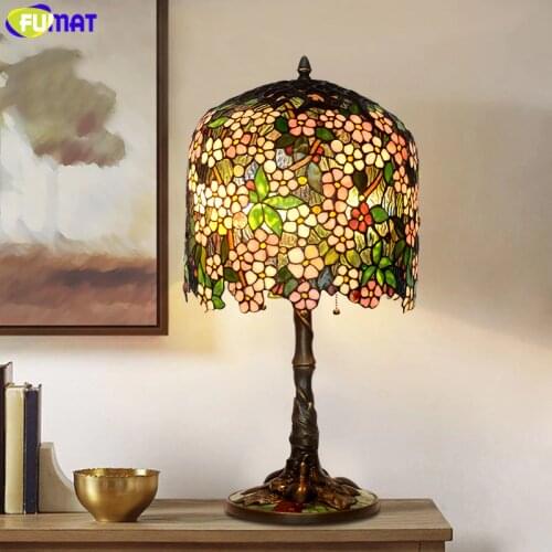 FUMAT Table Lamp Tiffany Style Copper Bases Grape Flowers Stained Glass Shade Art Home Deco Desk Light Antique LED Bedroom Lamp