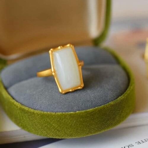 Natural Hetian Jade White Jade Safety-Blessing Card Bamboo S925 Sterling Silver Ring Ancient Gold Craft Bamboo Ring Ornament for
