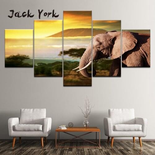 Canvas Painting Animal Elephant near sunset sea 5 Pieces Wall Art Painting Modular Wallpapers Poster Print Home Decor