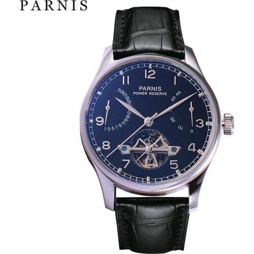 Hot Sale Brand Parnis 43mm Mechanical Watch Men Power Reserve Stainless Steel Case Chronograph Leather Mens Automatic Watch