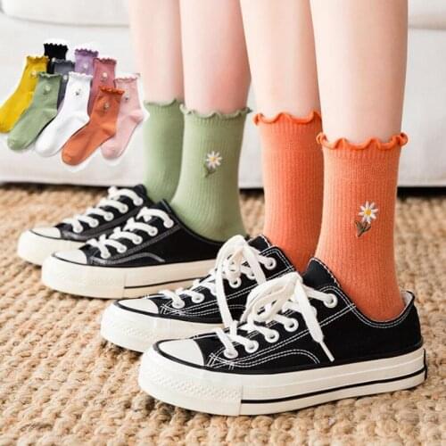 New Fashion Beautiful Floral Frilly Socks Ruffles Lovely Woman Harajuku Cotton Spring and Autumn Trend Girls Crew Socks