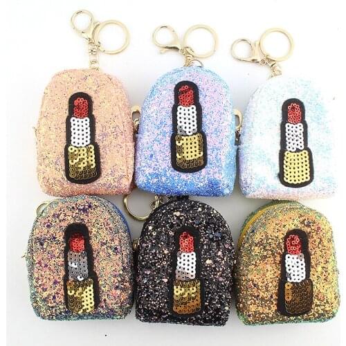 New glitter sequins mini wallet key bag key ring coin bag fashion birthday gift womens embroidery print lipstick wallet LQ019