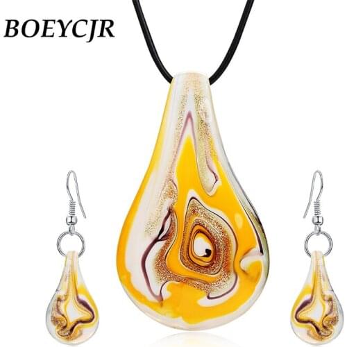 BOEYCJR Quicksand Glass Pendant Necklace & Earrings Vintage Ethnic Irregular Glass Necklace Fashion Jewelry Set for Women