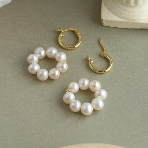 MOFLO Boho Double Circle Genuine Freshwater Pearl Hoop Earrings 18k Real Gold Plated Hoops Pearl Earrings
