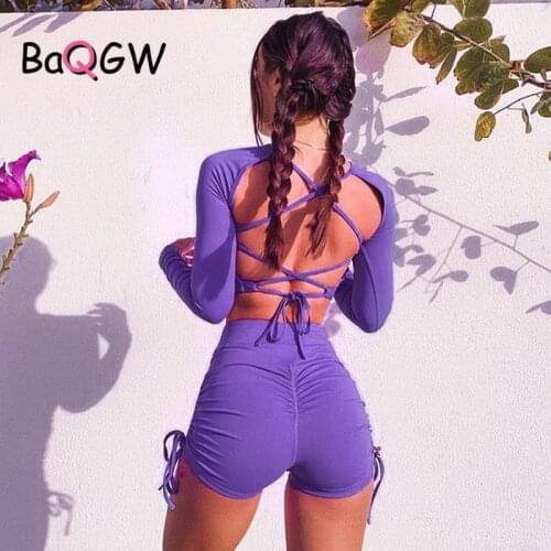 BaQGW 2pcs Sweat Suit Women Fitness Sportswear Sexy Backless Long Sleeve Hight Waist Shorts Sports Tracksuit Casual Workout Set