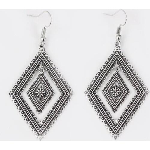 Vuntage Tibetan Silver Hollow Rhombic Charm Pendant Dangle Earrings With Big Hook Women Girl Jewelry