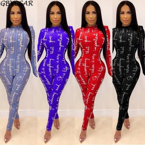 Women Letter Striped Printed Bodycon Jumpsuit Mock Neck Long Sleeve Bandage Romper Streetwear High Waist Club Party Bodysuit