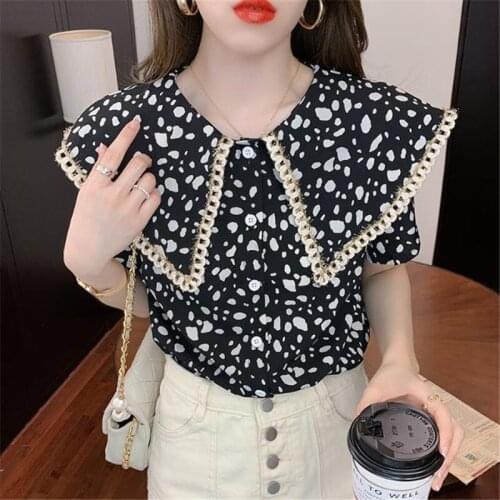 Women Retro Black Shirts Doll Collar Short Sleeve Print Casual Tops Loose Elegant Summer Blouses Ropa De Mujer Blusas MM0719