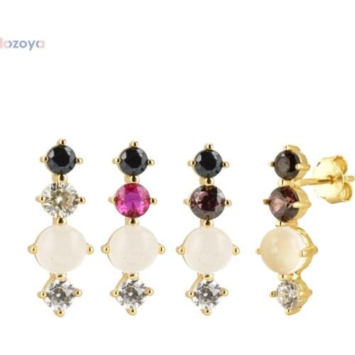 LOZOYA 100% 925 Sterling Silver Women Piercing Ohrringe Round Stud Earring Lemon Rhodolite Milk Zircon CZ Color Line Pendiente