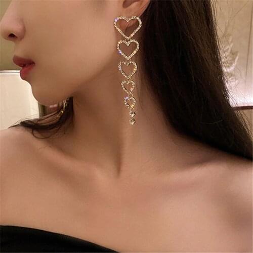 FYUAN Love Heart Crystal Drop Earrings for Women Bijoux Long Tassel Rhinestone Dangle Earrings Statement Jewelry Gifts