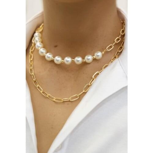 Marjin For Woman Necklace Pearl and Chain Pendant Gold Colored Necklace Jewelry Gift Birthday Party Gift