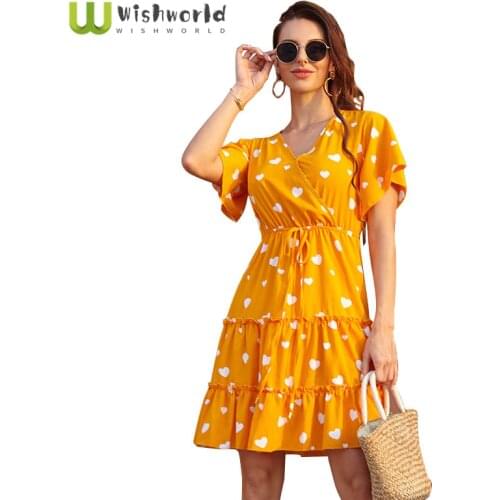 Wishworldv Collar Chiffon Daisy French Floral Waist Dress 2021 Summer New Wave Dot Print Sundress Womens Party Club Dress