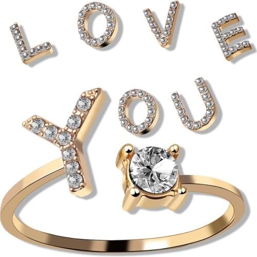 1PC Hollow Initial 26 A-Z Letters Gold Color Metal Adjustable Opening Ring With Crystal Mosaiced Female Party Jewerlry Gift