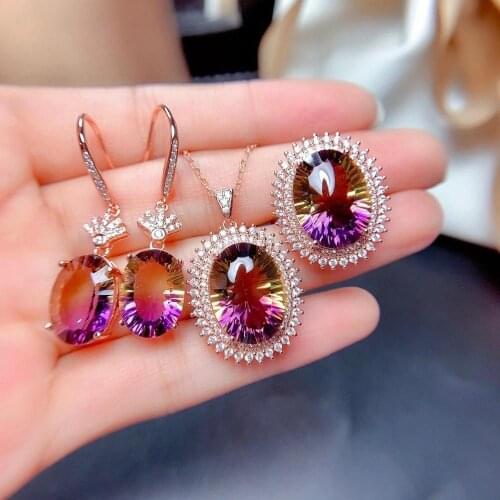 100% Natural and Real Amerine Set 925 sterling silver 1pc Amerine Ring,2pcs Amerine Earring,1pc Amerine Pendant Birthday Jewelry