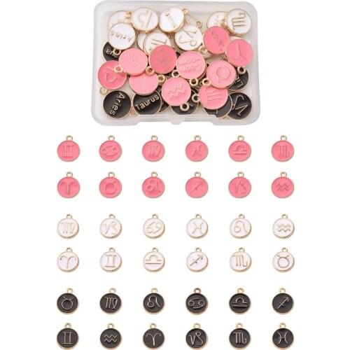 36pc/box Double-sided Alloy Enamel Charms Pendants Enamelled Sequins Flat Round with Twelve Constellations Charms Mixed Color