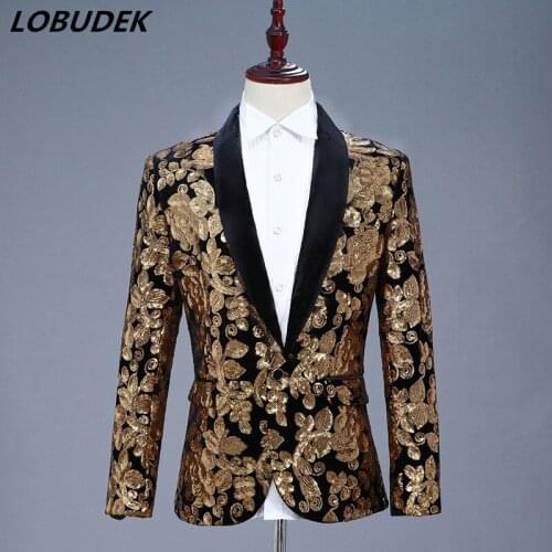Gold Sequins Fashion Blazer Coat 4 Colors Formal Jacket Nightclub Men DJ Singer Stage Wear Prom Host Wedding Performance Costume