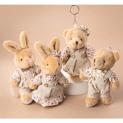 20PCS Cute Girls Country Style Linen Rabbit Doll Keychain Women Teddy Bear Key Ring On Bag Car Wedding Party Toys Couple Gift
