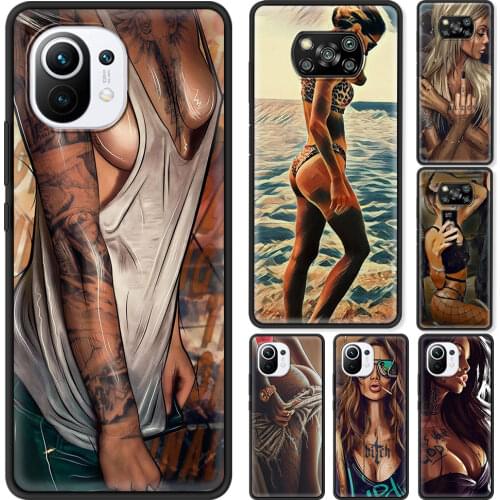 Cover For Xiaomi Poco F3 M3 X3 NFC F1 Shell Smartphone Case for Mi Note 10 Pro Lite Guscio Fundas Hot Sexy Sleeve Tattoo Girl
