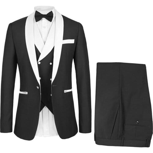 Black Groom Tuxedos Double Breasted Vest for Dinner Suit Shawl Lapel Groomsman Suit Classic style Wedding Suit