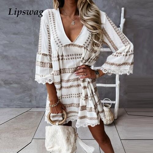 Summer Casual Loose Flare Sleeve Beach Dresses Women 2021 Elegant V-Neck Mini Dress Ladies Fashion Patchwork Lace Dress Vestido
