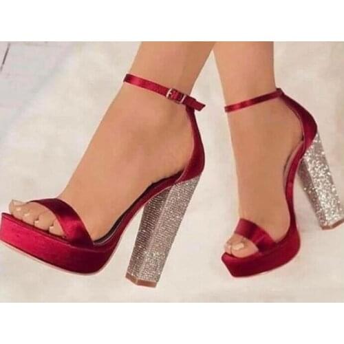 Burgundy Silk Sliver Crystal Square Heels Woman Buckle Platform Sandals Party Bling Bling Heels Sexy Club High Heel Party Shoes