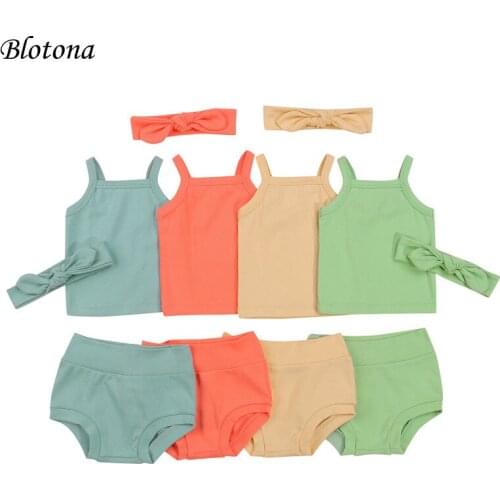 Blotona 3Pcs Infant Summer Outfits, Baby Girls Solid Color Square Collar Spaghetti Strap Camisole +Shorts +Headband, 0-24Months