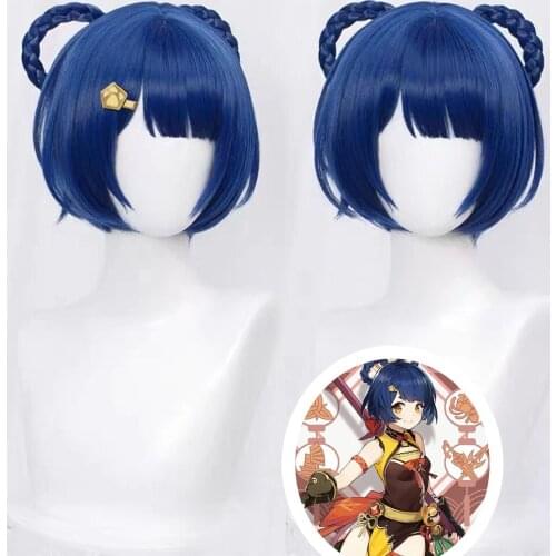 Genshin Impact Xiangling Wig Cosplay Blue Short 8-Shaped Braids Heat Resistant Hair Halloween Role Play Genshin Impact Wig AC