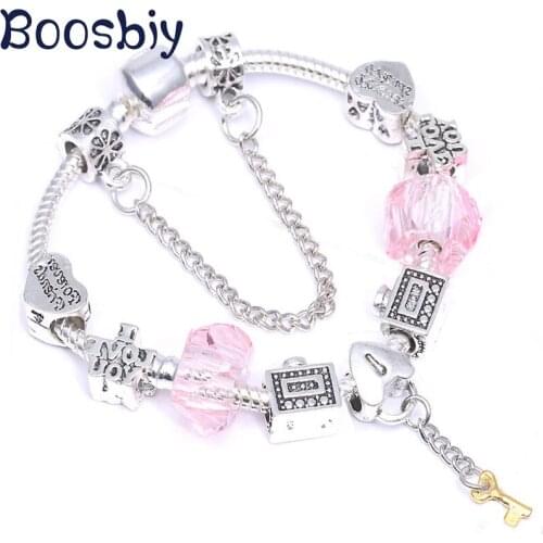 Silver Plated European Style Original Brand Charm Bracelet DIY Fine Bracelet With Heart & Key Pendant For Women Jewelry Gift