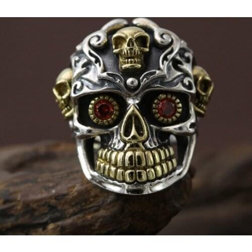 Retro Gothic Red Zircon Eye Skeleton Punk Ring Mens Metal Rock Party Jewelry Locomotive Hand Accessories Halloween Gift