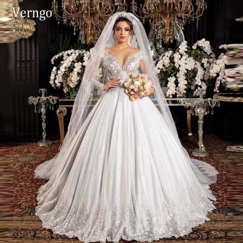 Verngo Luxury Dubai Arabic Lace Applique Wedding Dress For Bridal Long Sleeves Beads Sparkly Tulle V Neck 2021 Bride Gowns