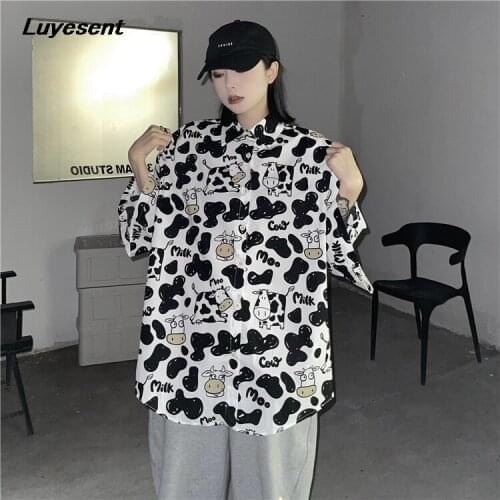 Kawaii Unisex Cow Print Shirt Lapel Collar Loose Lady Cartoon Shirts Summer Single Breasted Lovely Harajuku Korean Fashion Cloth