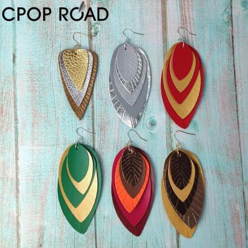 Cpop Five Layers Gold PU Leather Earrings for Women New Big Statement Dangle Leaf Earrings Fashion Jewelry Accessories Wholesale