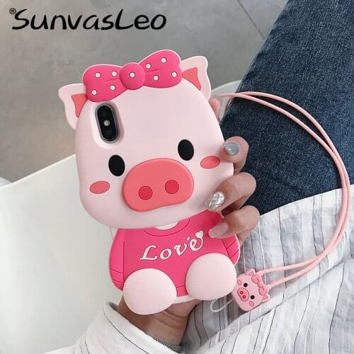 For iPhone 5 6 7 8 8Plus X XS XR XS Max 3D Cute Pig Cartoon Soft Silicone Case Phone Back Cover Shell Skin with Strap Anti-knock