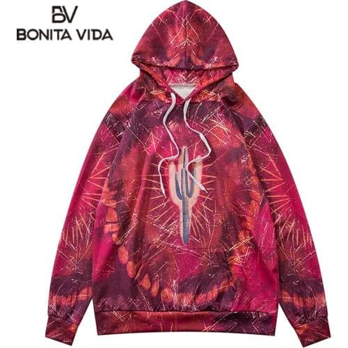 Bonita Vida Cactus Printed Pullover Sweatshirt Hoodies Streetwear Men Hip Hop Harajuku Japanese Punk Rock Loose Casual Tops