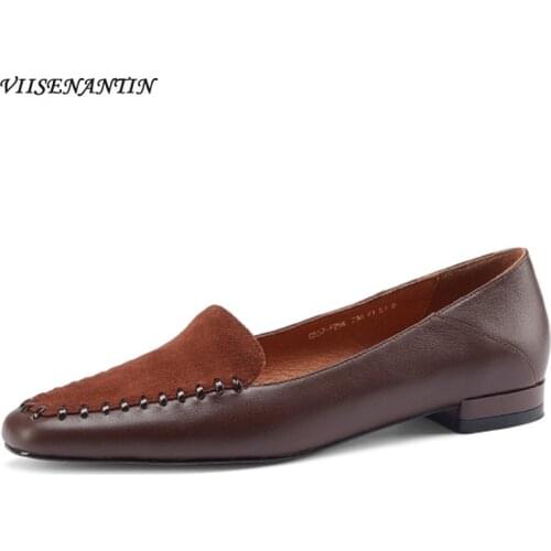 Retro Square Head Cowhide Stitching Loafers Fall 2021 New Fashion Low-heeled Small Leather Shoes Comfortable Flat Shoes Women